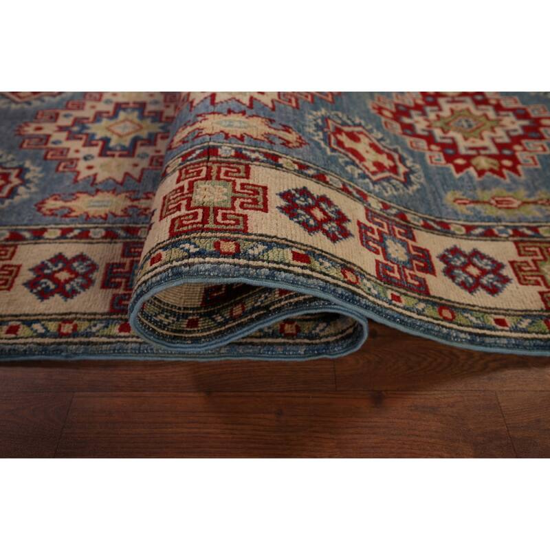Blue Geometric Kazak Runner Rug Hand-Knotted Wool Carpet - 2'9" x 15'11"
