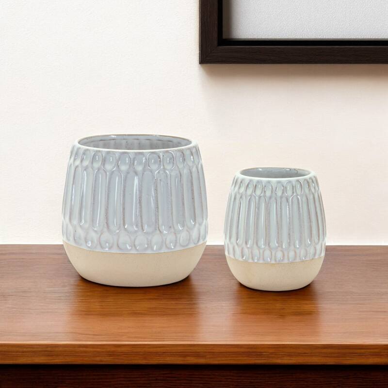 Beige and White Ribbed Porcelain Round Table Vase Set of 2 for Living Room