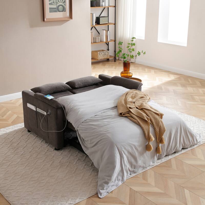 55" Velvet 2-Seater Convertible Sofa Bed, 3-in-1 Pull-Out Loveseat with Adjustable Backrest, USB Ports, Side Pockets