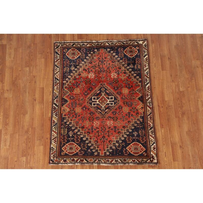 Vegetable Dye Shiraz Persian Vintage Rug Handmade Wool Carpet - 3'6"x 4'6"