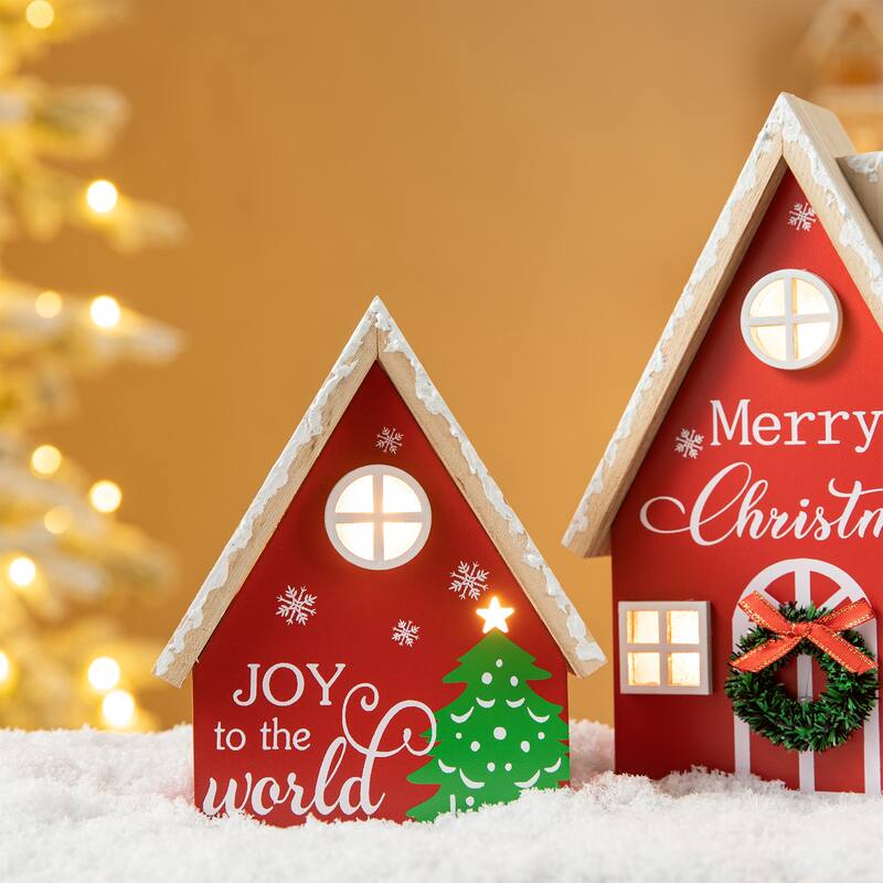 Glitzhome Set of 2 Christmas Lighted Wooden House Table decor