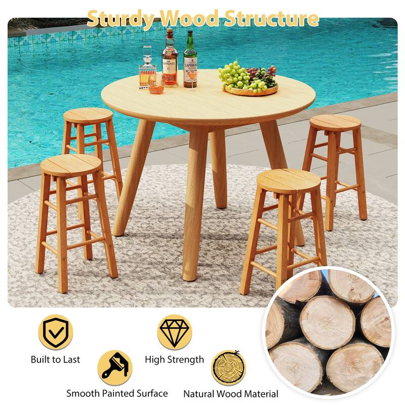 Gymax 24-Inch Outdoor Wood Bar Stools Set of 2 w/ Round Seat Footrest