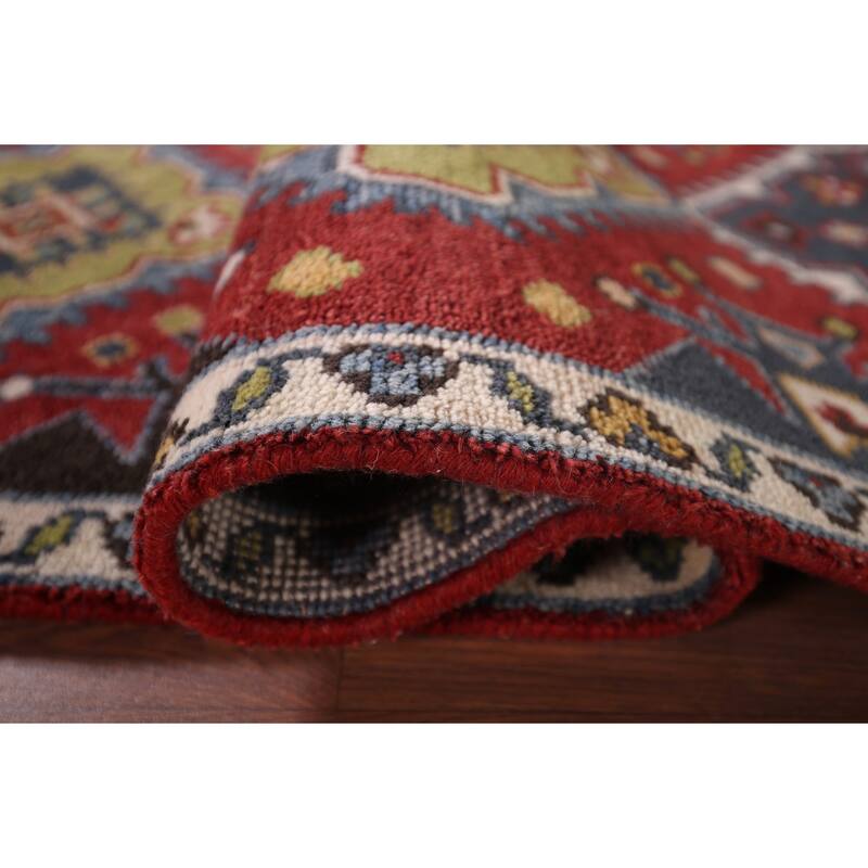 Red Geometric Kazak Oriental Runner Rug Hand-Knotted Wool Carpet - 2'7"x 8'1"