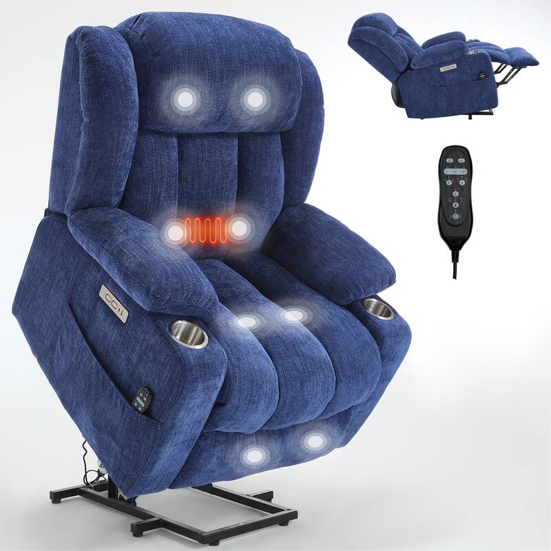 Roomfitters Heavy Duty Power Lift Recliner, Chenille Massage Chair with USB-C Charging and Stainless Cup Holders