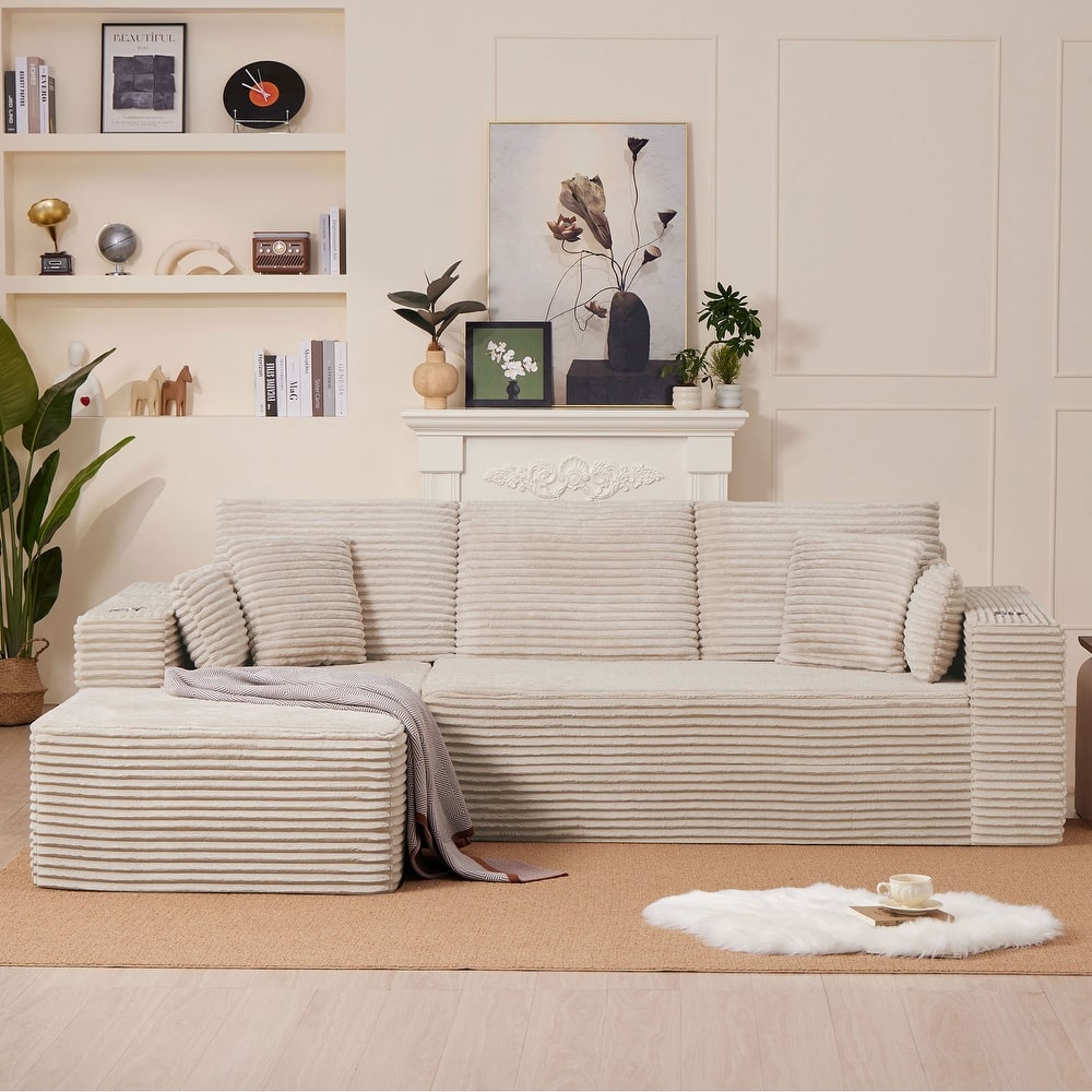 102.76" Corduroy Cloudy L Shaped Sofa with Headrests and Toss Pillows