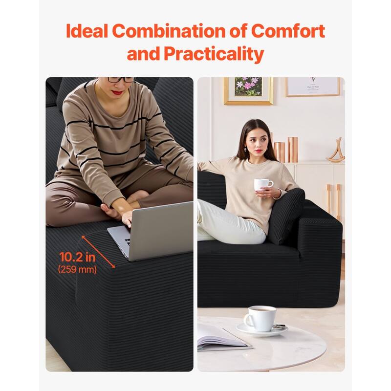 Black Corduroy Modular Sectional Sofa with Wide Armrests and Deep Seating - 104.3” L x 65” W x 22.4” H