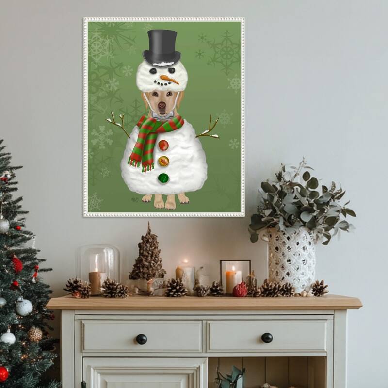Yellow Labrador Snowman Costume by Fab Funky (23 x 28 in.), Framed Canvas Wall Art Print - Sylvie Beaded White