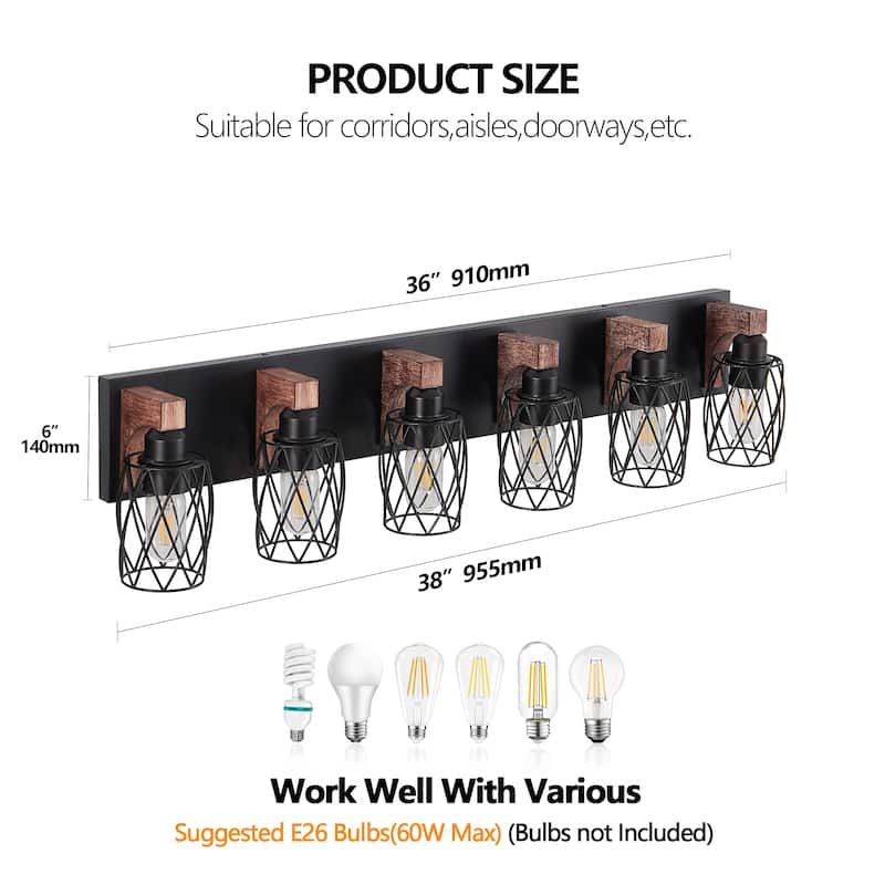 38" 6-Light Industrial Wall Sconce - Black Cage - Wood - Bathroom， Hallway, or Living Room(Bulb Not Included)