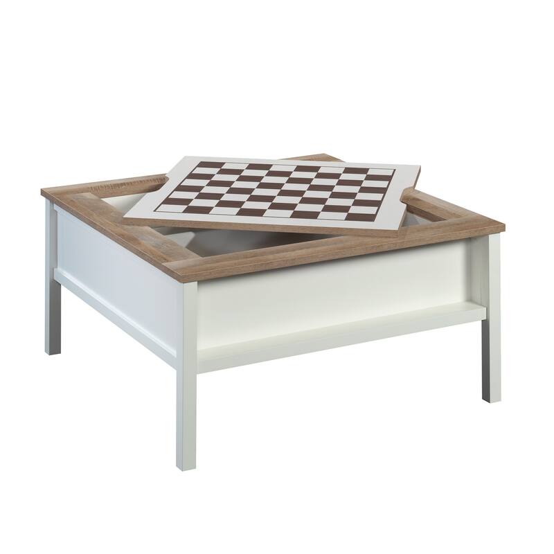 Wood Coffee Table with Chess Game Surface, White - 38.47" L x 38.47" W x 19.02" H