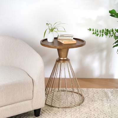 Look Floating Side Table with Round Wood Sunken Concave Anti-slip Tabletop and Metal Hollow Frame, Retro-chic Design End Table