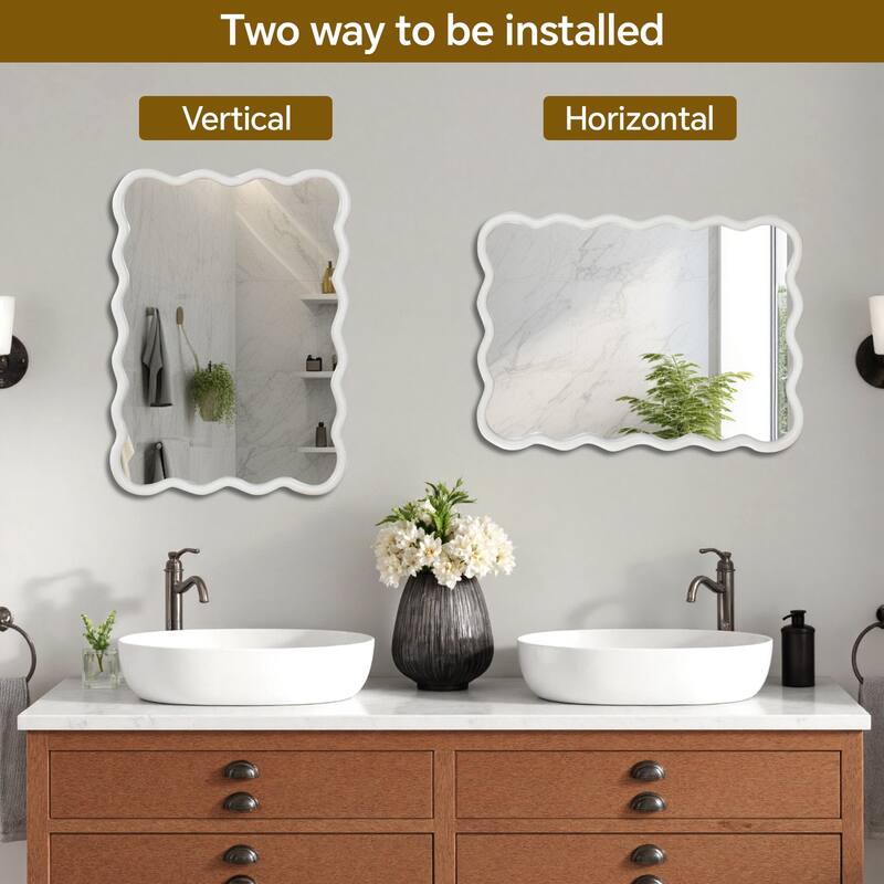 Wavy Rectangle Solid Wood Frame Decorative Mirror - White