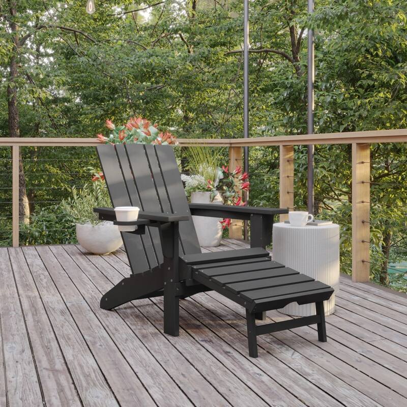 Commercial All-Weather Adirondack Chair with Pullout Ottoman & Cupholder - Gray