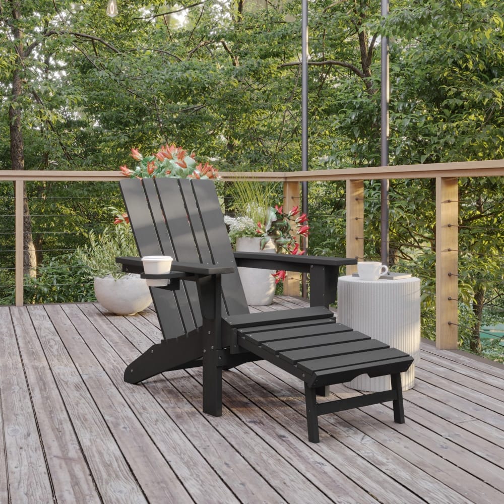 Commercial All-Weather Adirondack Chair with Pullout Ottoman & Cupholder