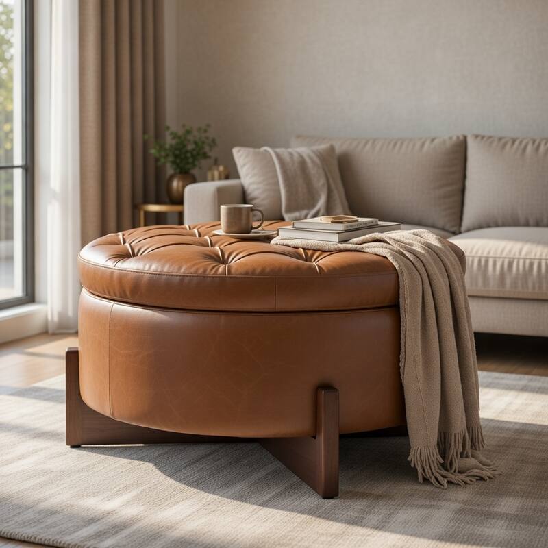 Christopher Knight Home - Mollet Mid-Century 32.28" Upholstered Tufted Round Hidden Storage Ottoman with Reversible Wood Lid
