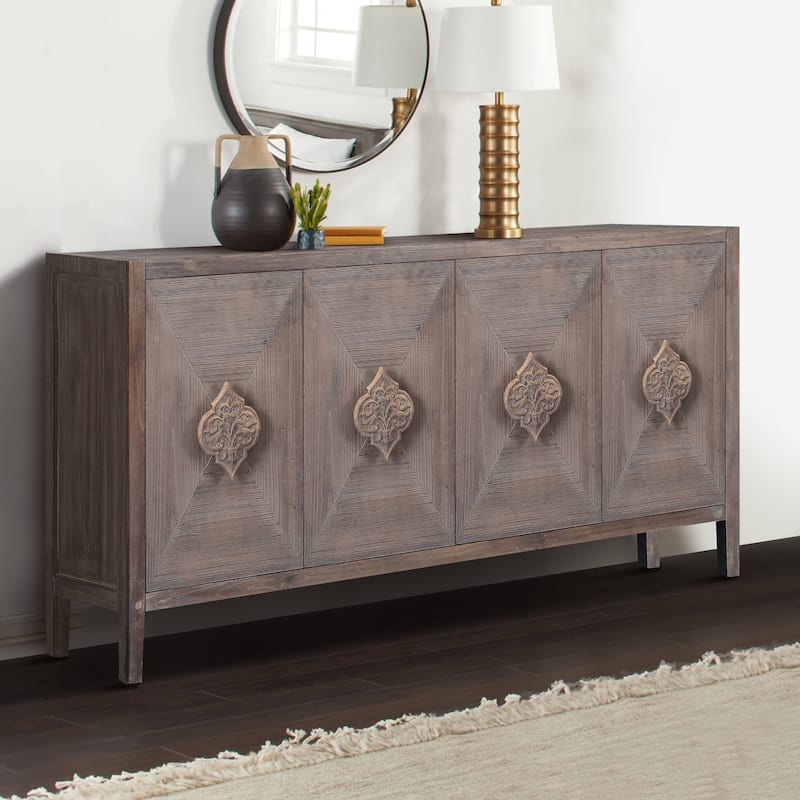 Antique 4-Door Sideboard Buffet Cabinet with Carved Flower Handles for Living Room or Kitchen - Brown