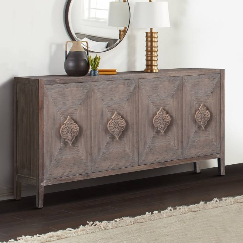 Roomfitters 4-Door Accent Cabinet with Carved Flower Handles, Antique Storage Sideboard for Living Room