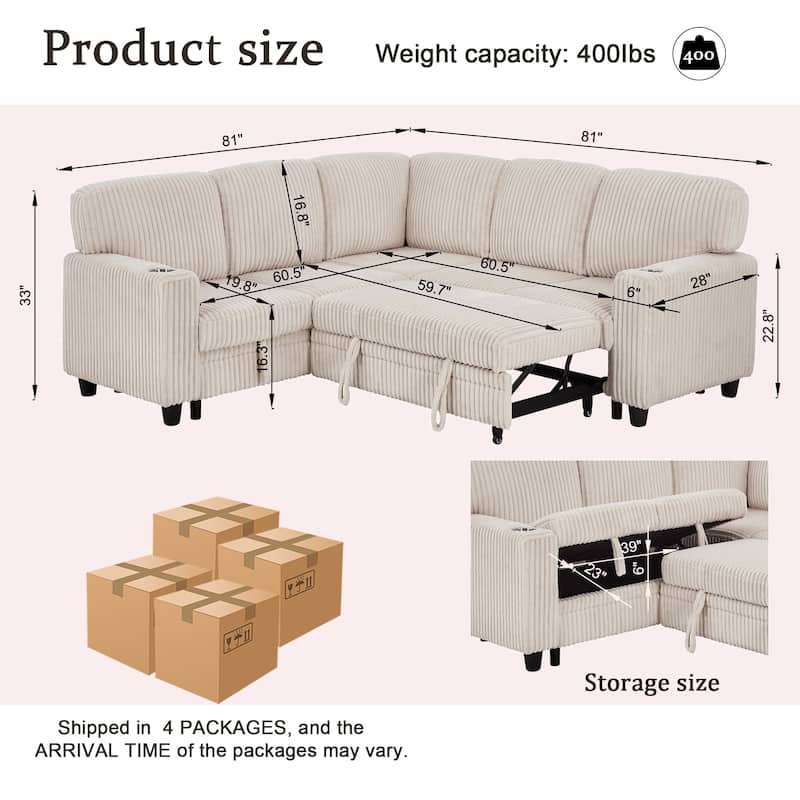 GDFStudio - Modern 5-Seat Sectional L-Shaped Sofa with Pull-Out Sleeper Bed, Storage, Cup Holder & USB Charging - 81"W