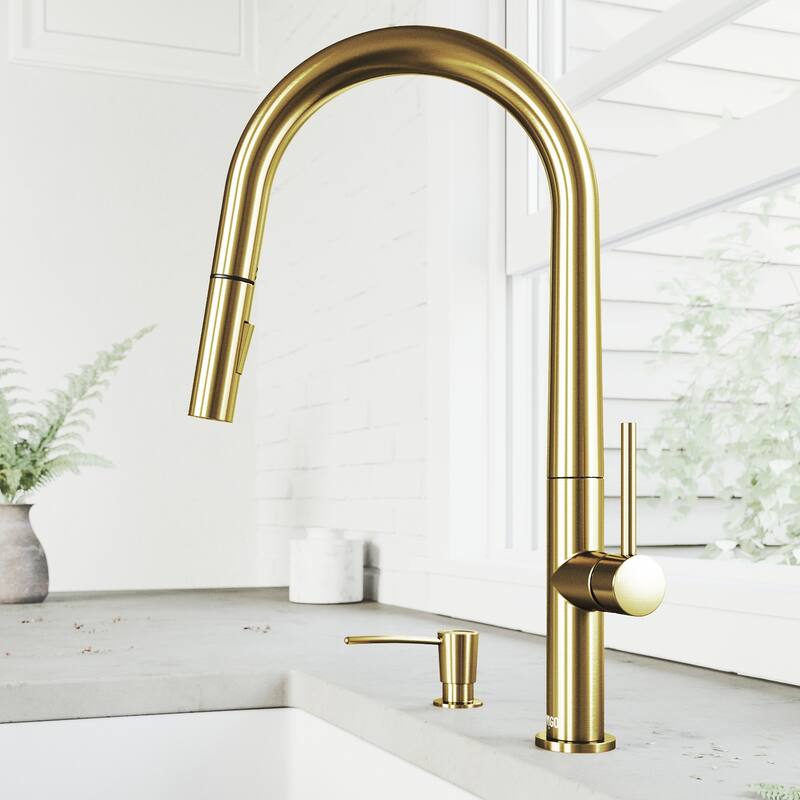 VIGO Greenwich Pull-Down Spray Kitchen Faucet - Faucet With Soap Dispenser - Matte Gold