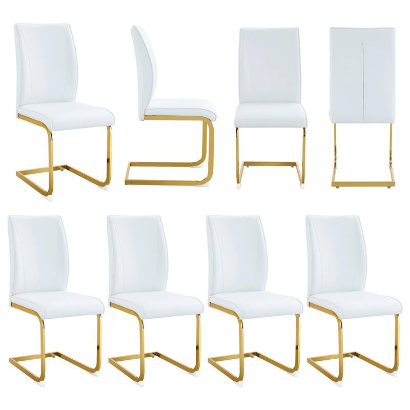8 Piece PU High Elastic Dining Chair With High Backrest, Cushion, Gold Metal Legs For Dining Room Kitchen Living Room Bedroom - White