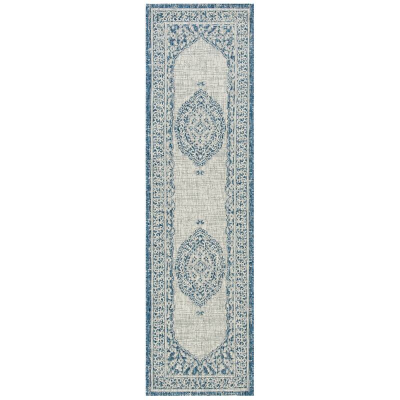 SAFAVIEH Courtyard Thoma Medallion Indoor/ Outdoor Waterproof Patio Backyard Rug - 2'3" x 8' Runner - Light Grey/Blue