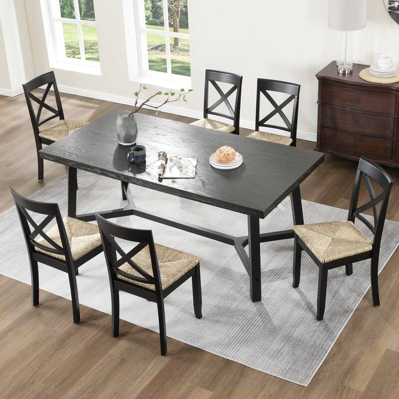 Bohemian 17" W Natural Weave Seagrass Rattan Seat Cross Back Dining Chairs - Set of 6 - Black