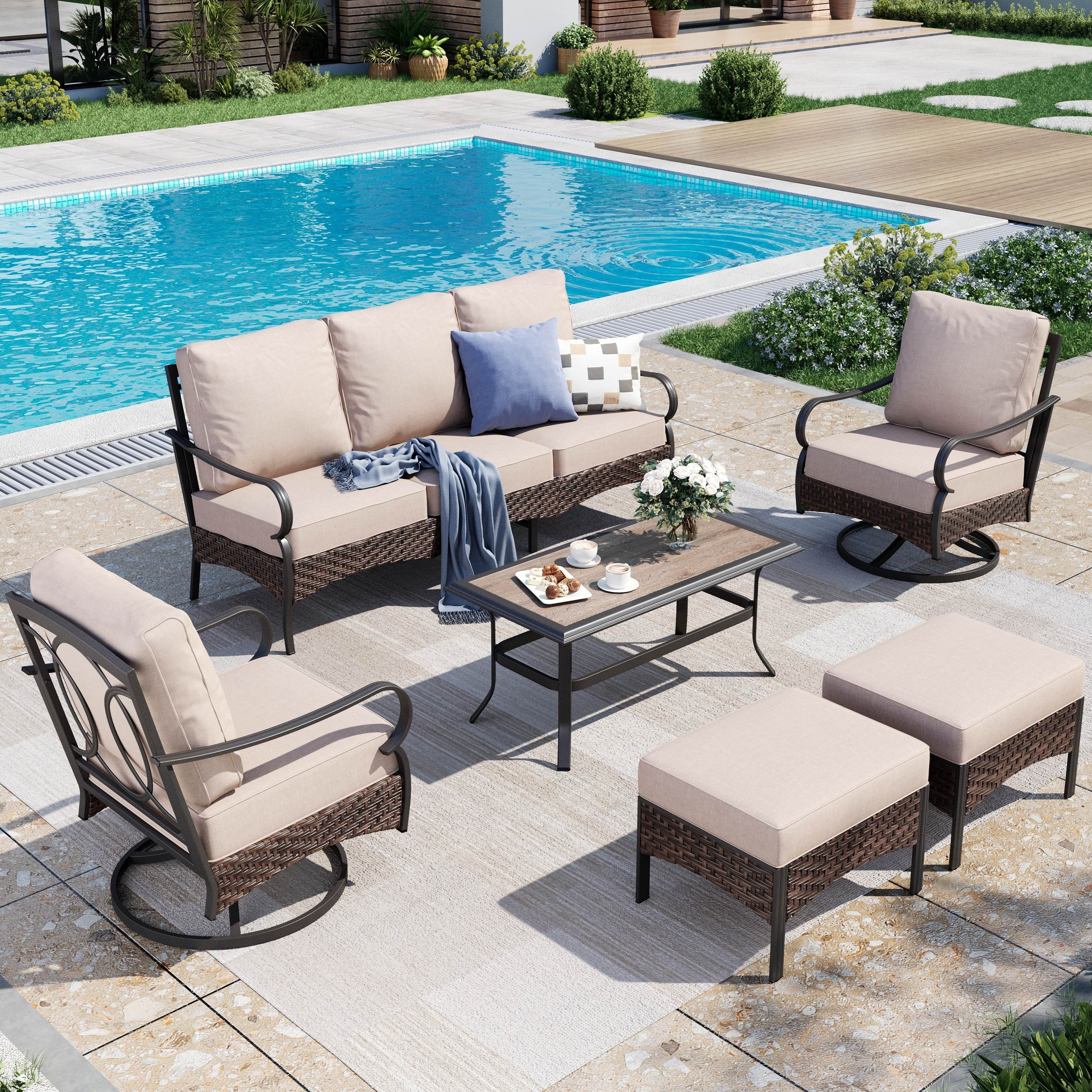 MAISON ARTS Extra Large 6 Pieces Outdoor Patio Furniture Set - 3-Seat & 2-Seat Sofas, Swivel Chairs,Coffee Table
