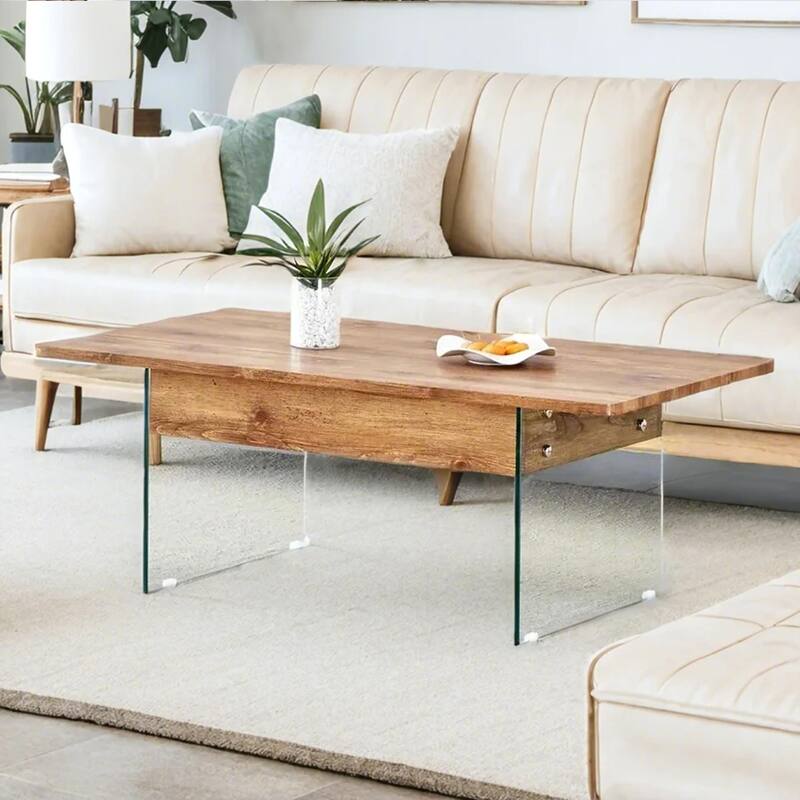 Roomfitters Lift Top Coffee Table with Glass Legs and Storage, Light Wood Grain Finish, Modern Living Room Style