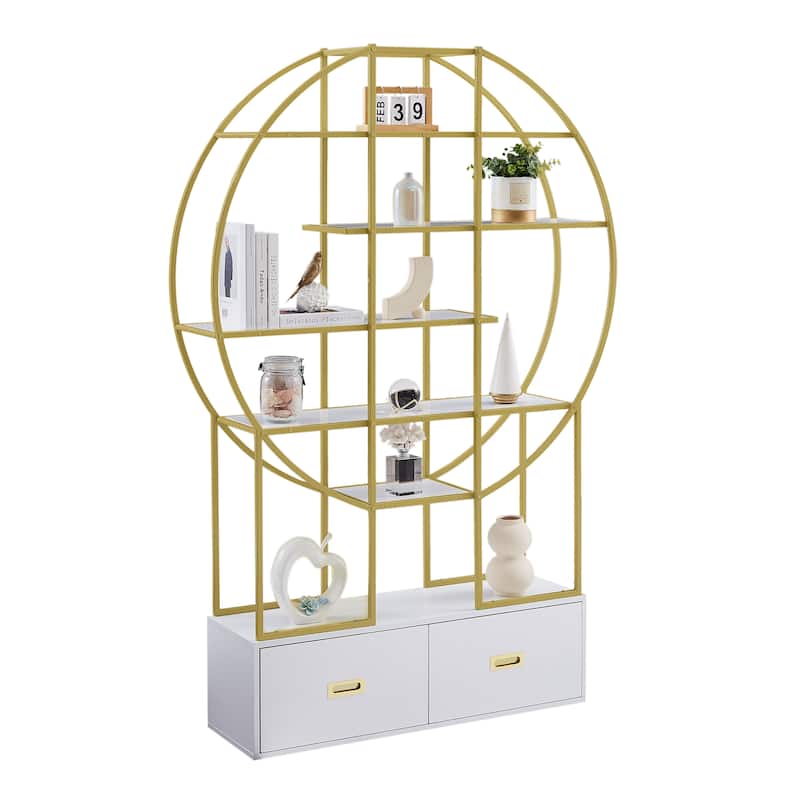 Roomfitters 70.8" Round Bookcase for Office, Bookshelf with Display Shelves and 2 Drawers, Gold Frame, Golden+White
