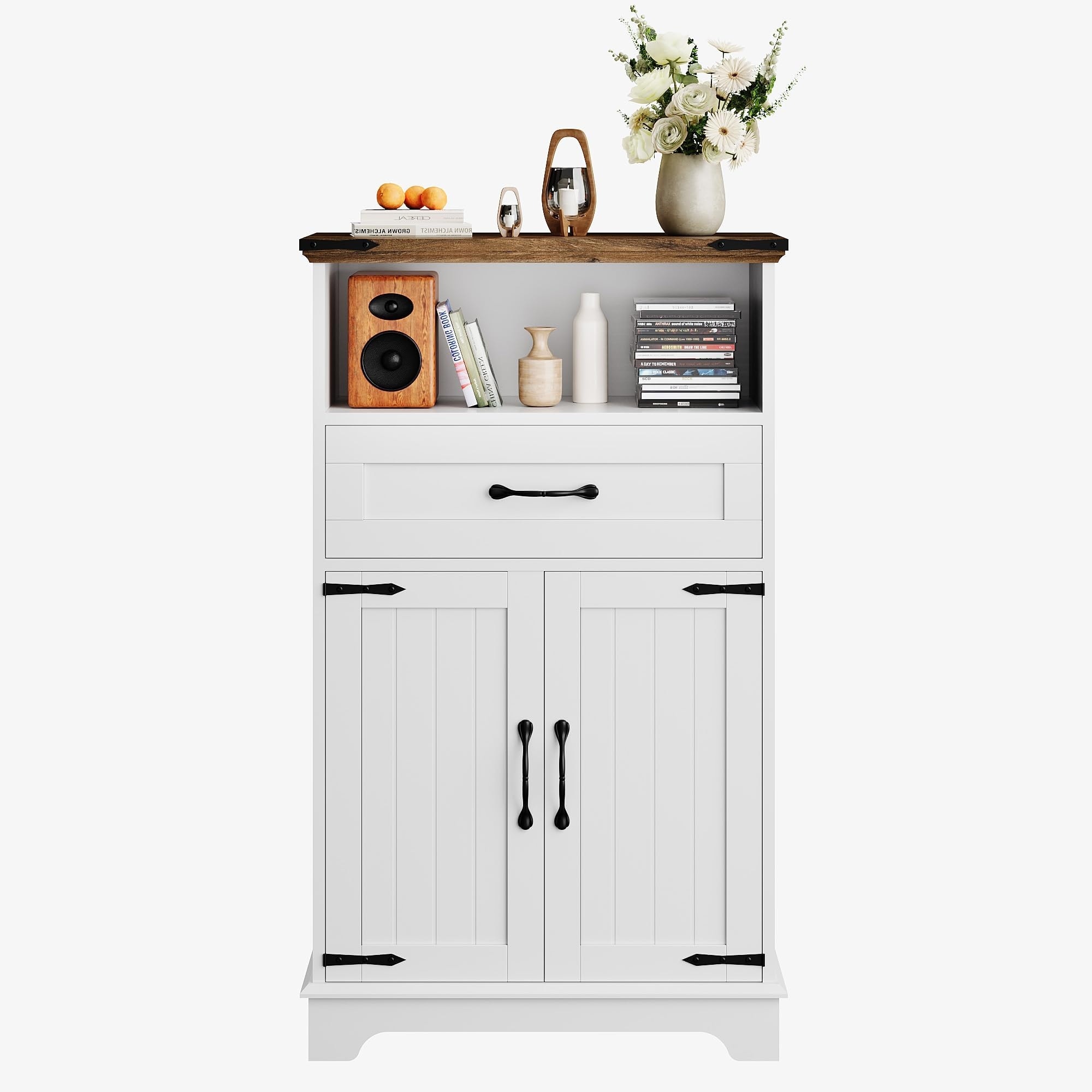 Farmhouse Black Storage Cabinet with Doors and Drawers, Freestanding Bathroom Cabinet