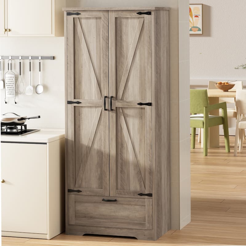 Beverage Cabinet with Drawer & Adjustable Shelves - Storage Organizer for Kitchen, Pantry, or Dining Room - Grey/Brown