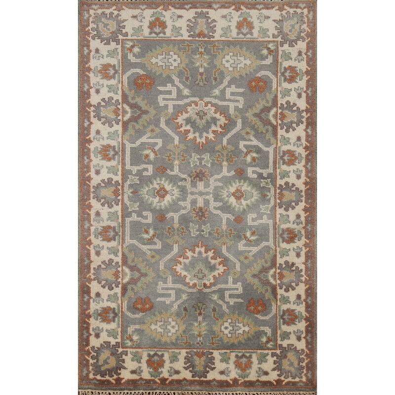 Gray Oushak Indian Accent Rug Hand-Knotted Transitional Wool Carpet - 3'2"x 5'6"