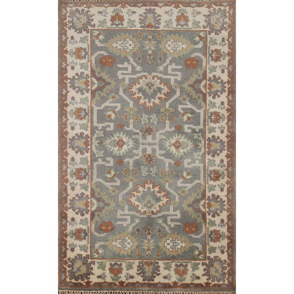 Gray Oushak Indian Accent Rug Hand-Knotted Transitional Wool Carpet - 3'2"x 5'6"