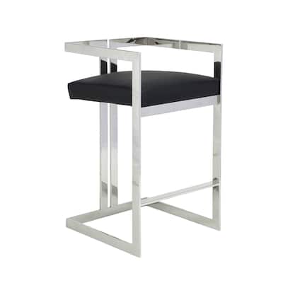Suki 30 Inch Barstool Chair, Black Faux Leather, Silver Stainless Steel