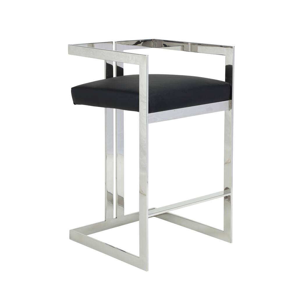 Suki 30 Inch Barstool Chair, Black Faux Leather, Silver Stainless Steel