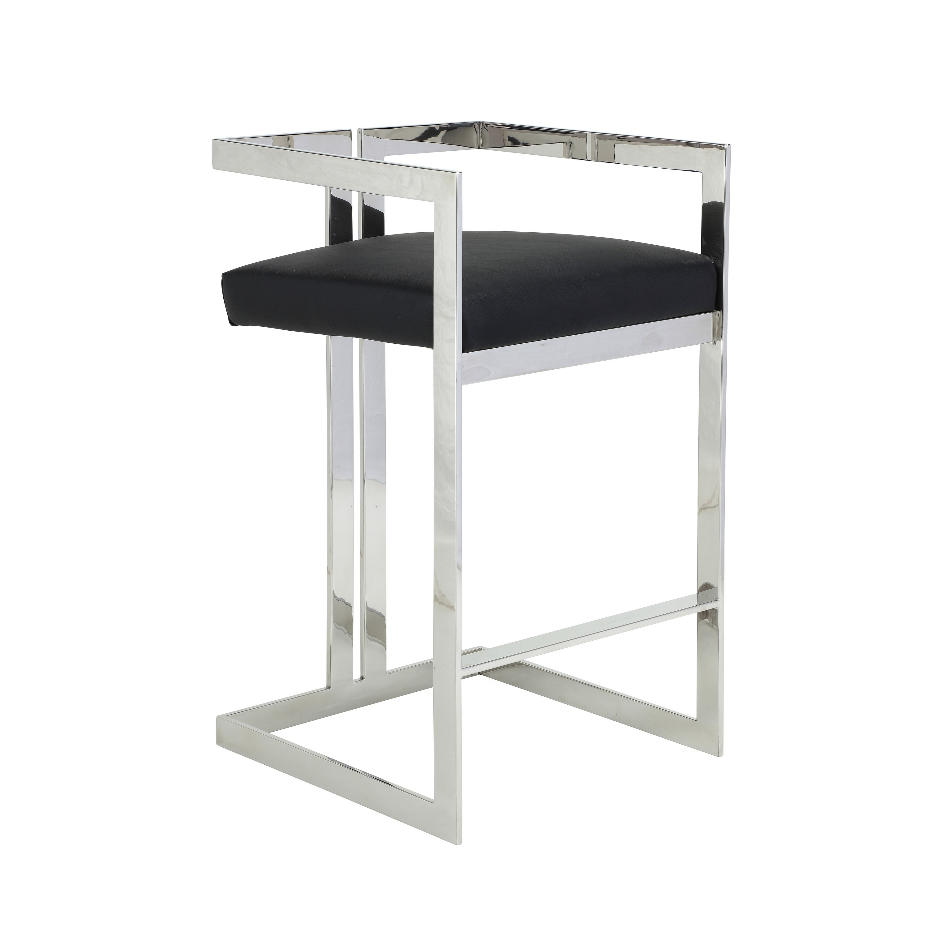 Suki 30 Inch Barstool Chair, Black Faux Leather, Silver Stainless Steel
