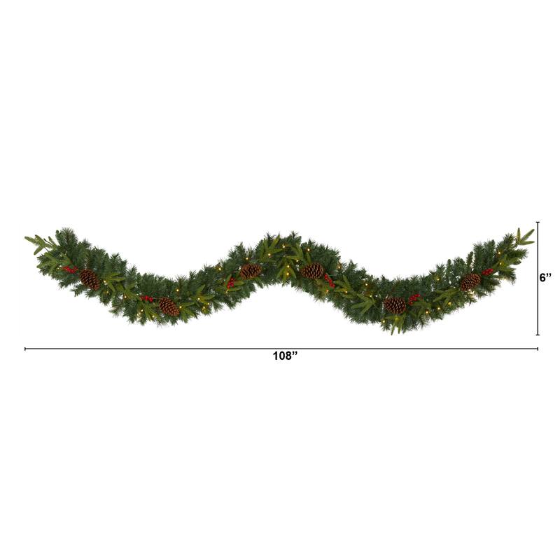 9' Mixed Pine Christmas Garland with 50 Clear LED Lights, Berries
