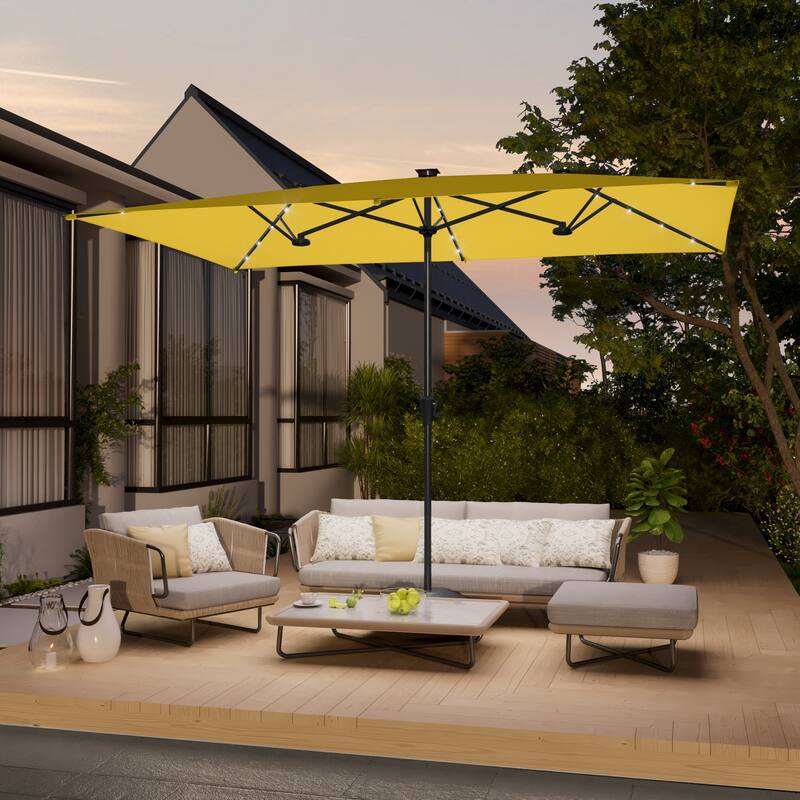 LIVOOSUM 10 x 6.5Ft Solar-powered Large Double-Sided Rectangular Outdoor Patio Market Umbrella with Crank, Gray - Yellow