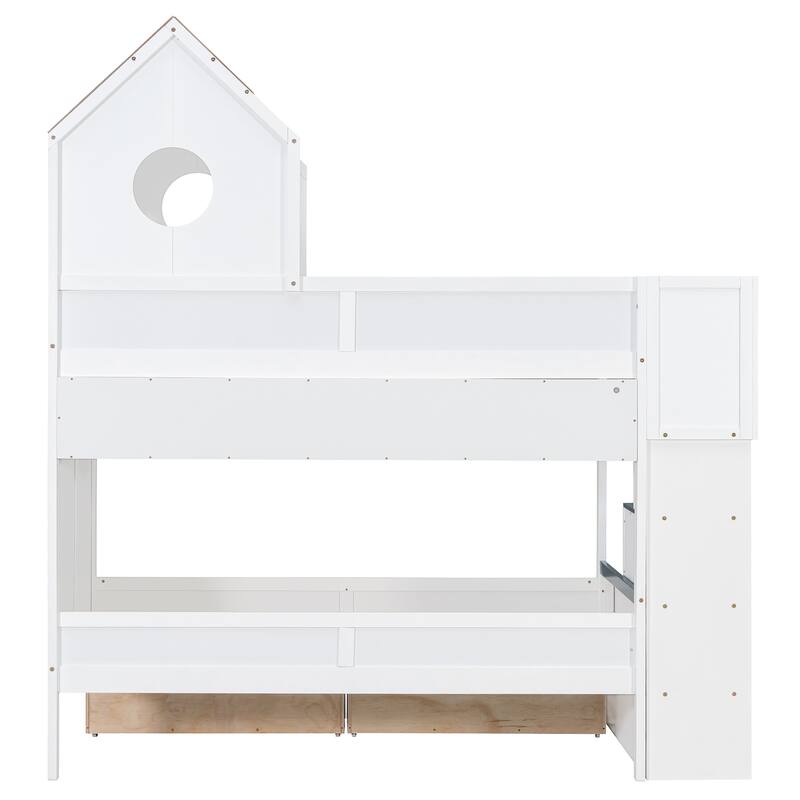 Twin Over Twin Bunk Bed with Stairs, LED Lights, Storage Drawers, House Shaped Wood Loft Bed with Guardrail