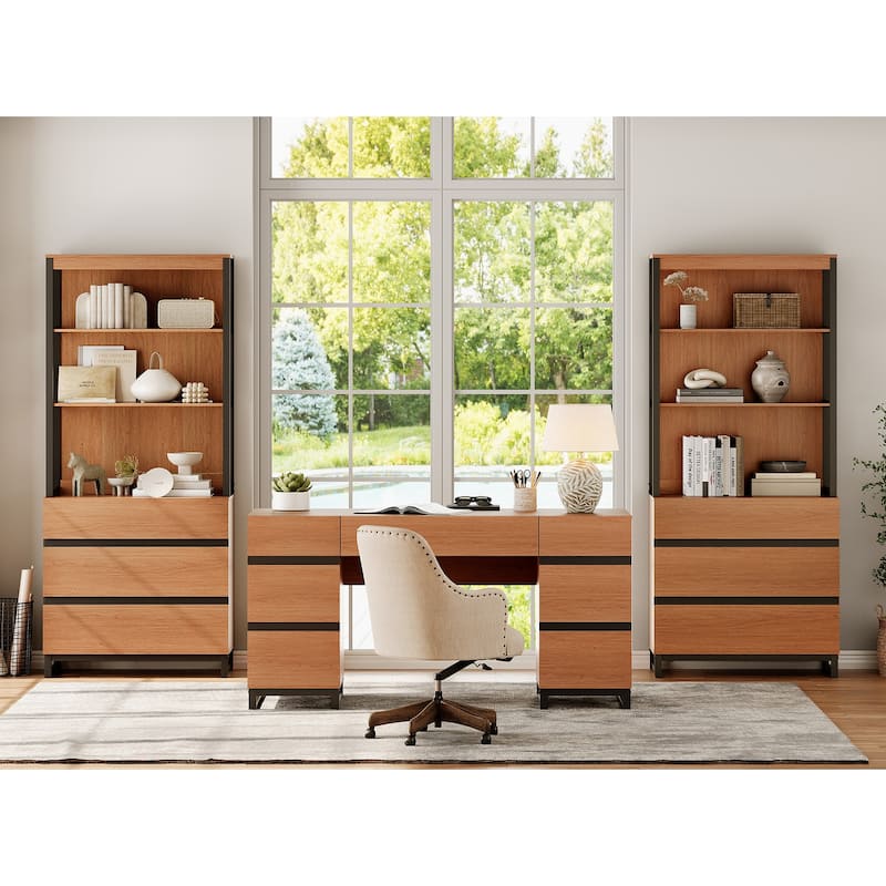 WAMPAT Modern 72" Tall Bookcase with Drawers and Open Book Shelfs, Library Book Shelf for Home Office, Living Room