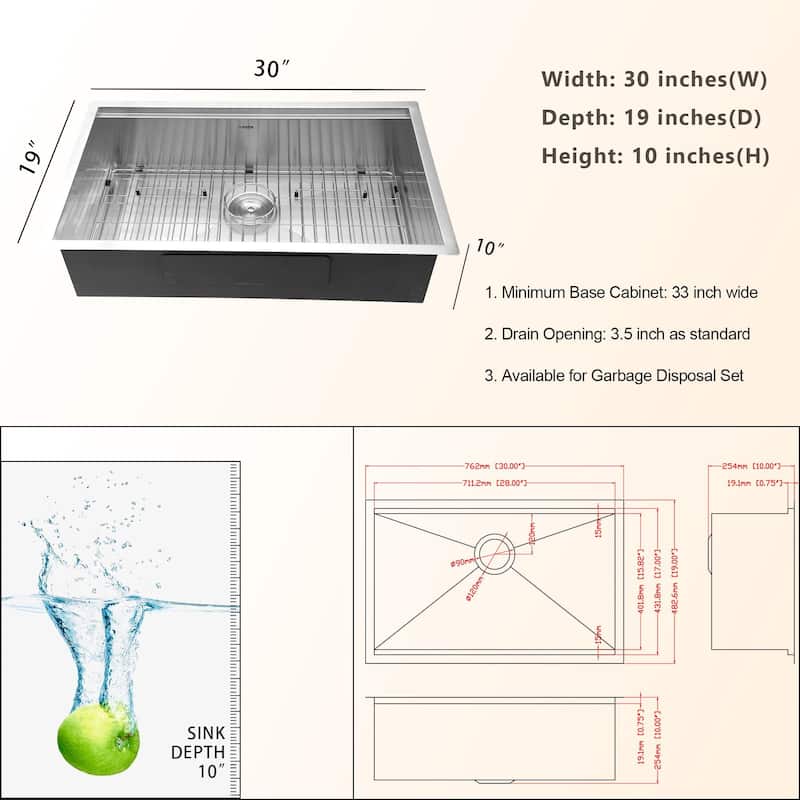 Lordear 30/32/33 Inch Stainless Steel Ledge Workstation Undermount Kitchen Sink - 30" x 19" x 10"
