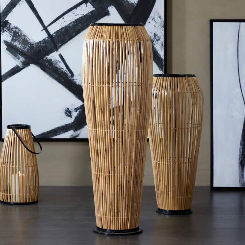 Brown Wicker Wood and Rattan Handmade Slatted Frame Vase with Black Metal Accents - Light Brown - 15"W, 47"H