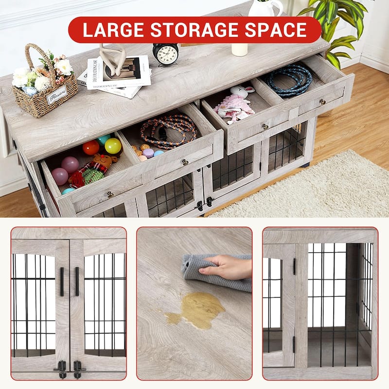 Double Dog Crate Furniture with Drawers, Removable Divider, and Storage Table