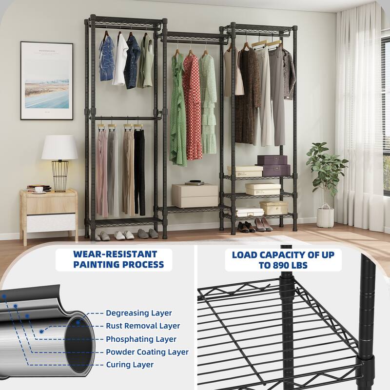 Moasis Heavy Duty Walk-in Closet Shelves System with 3 Hanging Rods And 8 Shelves