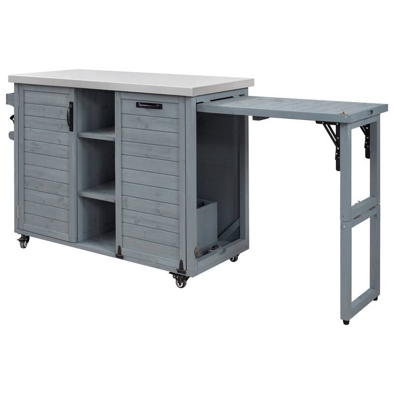 78.3" Outdoor Kitchen Island with Extendable Table, Trash Can Storage and Stainless Steel Top for BBQ Cooking