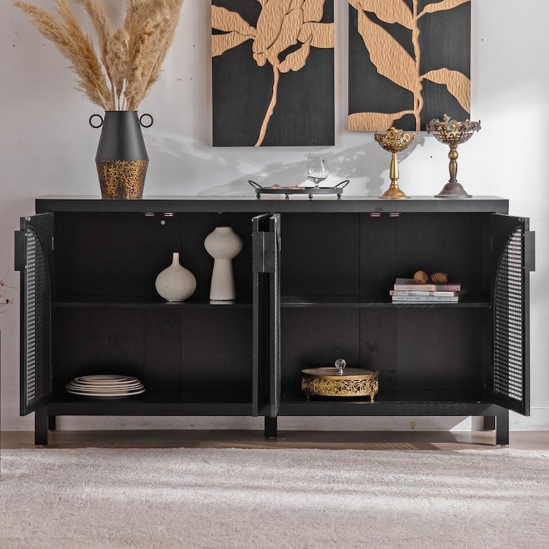 Modern Accent Sideboard Buffet Cabinet with Rattan Doors and Adjustable Internal Shelf