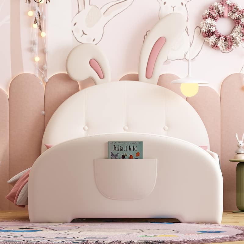 Twin Size Platform Bed with Rabbit-Shape Headboard Pocket - White - Twin
