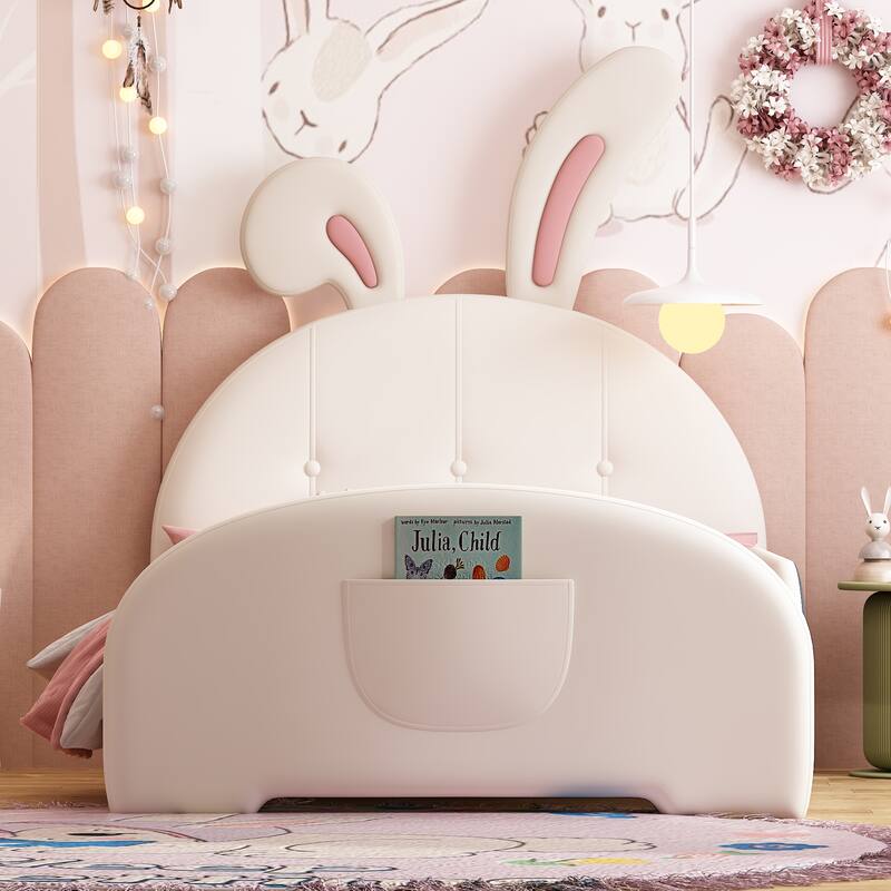 Twin Size Rabbit-Shaped Upholstered Princess Bed with Headboard and Footboard, White