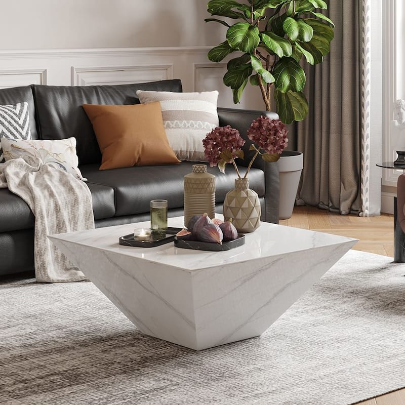 Modern Square Coffee Table, Trapezoid White Sintered Stone Coffee Table, Fully-assembled - 31.5 - White