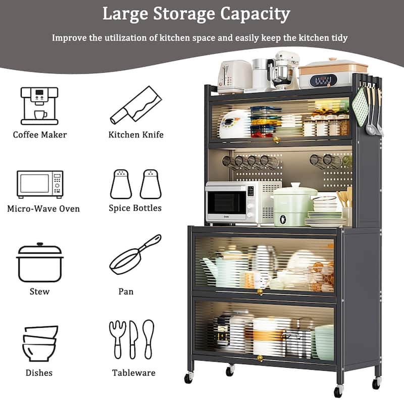 64" H Kitchen Pantry Cart with Storage Cabinet and Bakers Rack for Kitchen