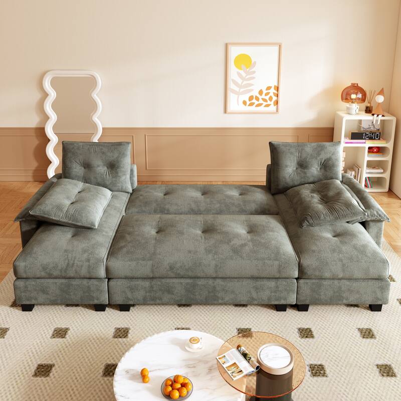 104.7" U-Shaped Sleeper Sofa, Convertible Sectional Couch with Pull-Out Bed, Removable Armrests, USB Ports & Chaise Lounge